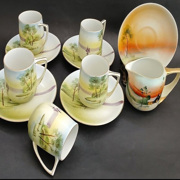 Antique Nippon Cups and Saucers Set: Hand-Painted Japanese Porcelain Landscape - Picture 9 of 9